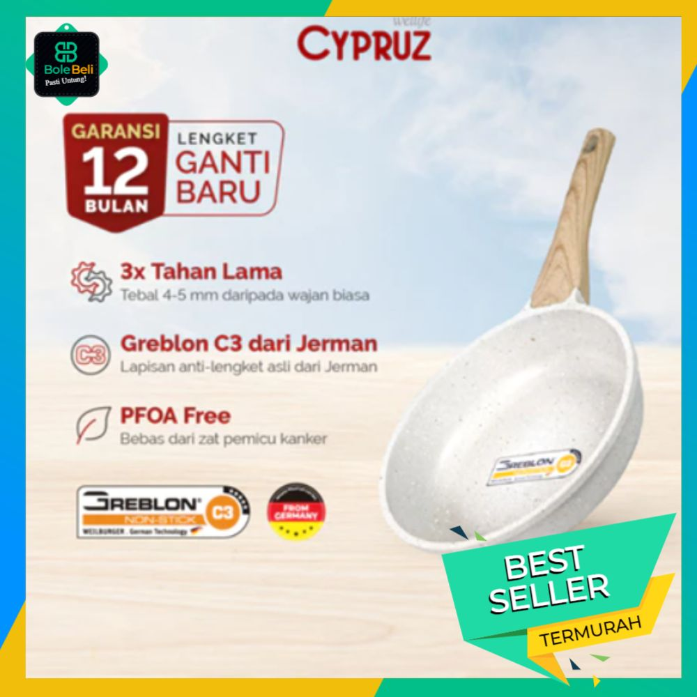 Cypruz Wajan Penggorengan Anti Lengket Fry Pan White Granite Diecast 24CM