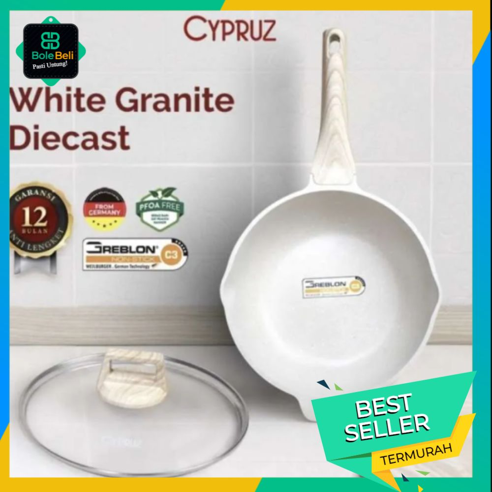 White Granite Diecast Fry Wok GREBLON Cypruz FP-0964 Diameter 24 cm  Wajan anti lengket  Teknologi Diecast berbahan langsung dari Jerman  Lapisan Greblon 3x lebih tahan lama  Non PFOA dan bahan kimia 